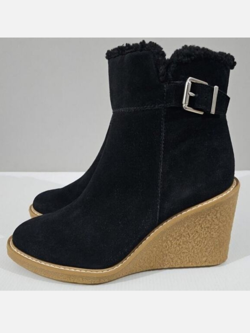 Franco Sarto Ulayna Ankle Boot Womens 11 Black Suede Wedge Cozy Sherpa NEW